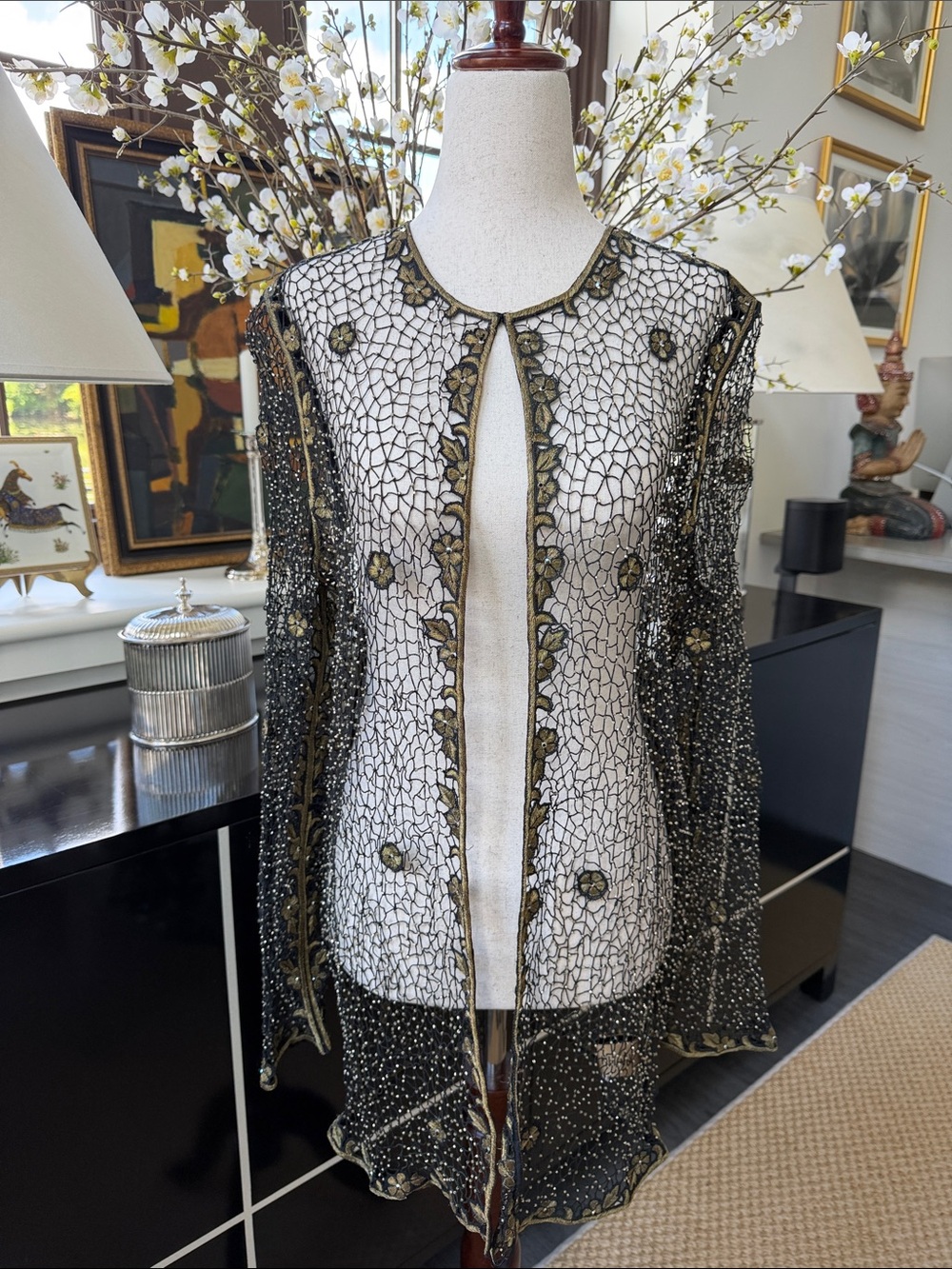 Naeem Khan Black Beaded Open Work Jacket w/Gold Embroidery & Crystals L